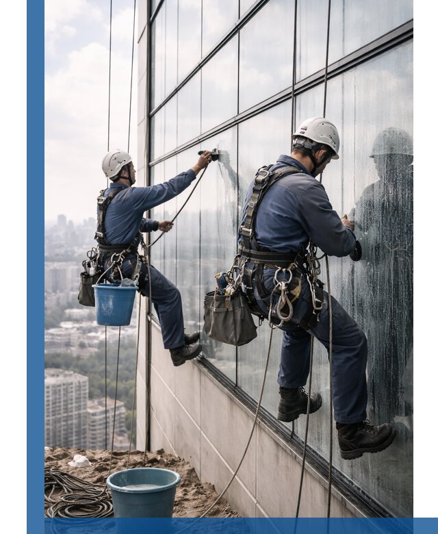 Профессиональная мойка фасадных окон альпинистами в Павловском Посаде