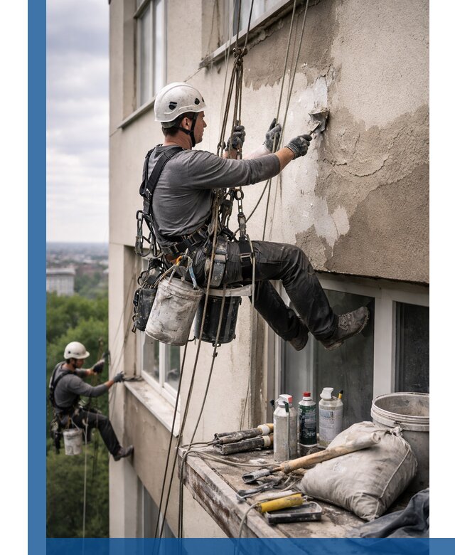 Косметический ремонт фасада зданий в Павловском Посаде промышленными альпинистами