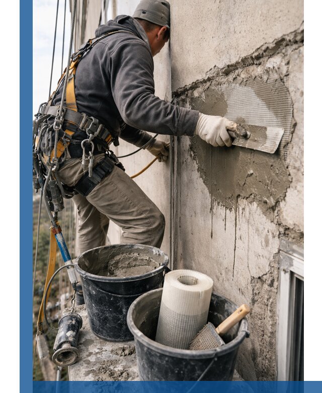 Ремонт бетонных элементов фасада промышленными альпинистами в Павловском Посаде