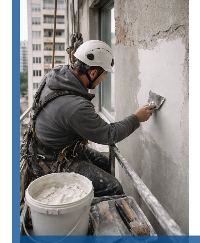 Шпаклевка фасадов на высоте с промальпинистами в Павловском Посаде