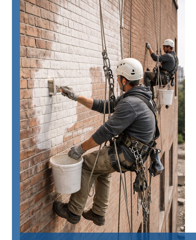Покраска кирпичного фасада с доступным альпинистским сервисом в Павловском Посаде