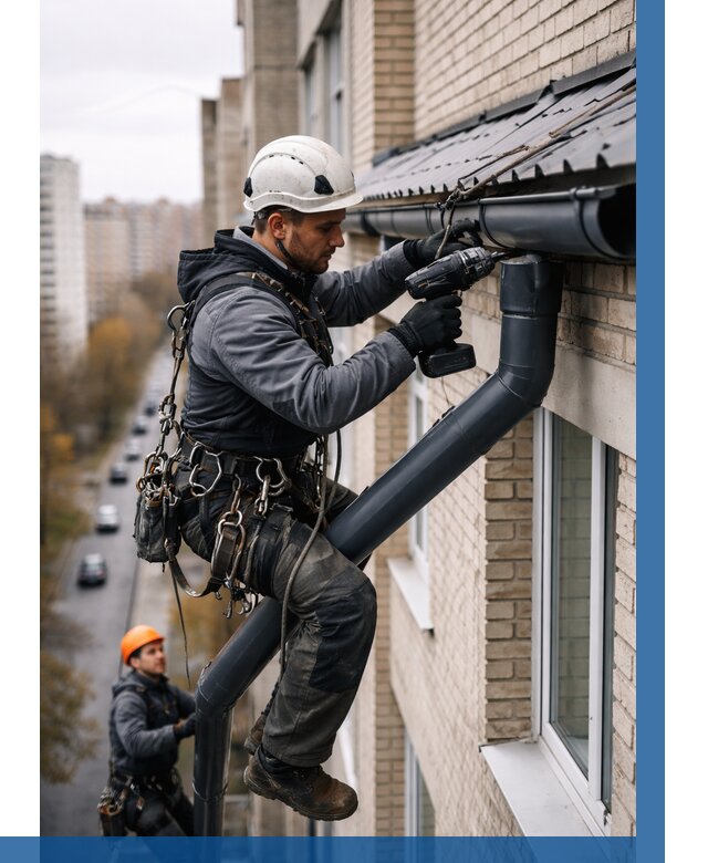 Монтаж водосточной системы на здании в Павловском Посаде от 5081 р. | ВЫСОТНИК-Пвл