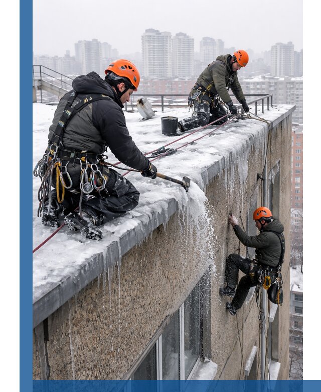 Удаление наледи с кровли в Павловском Посаде промышленными альпинистами