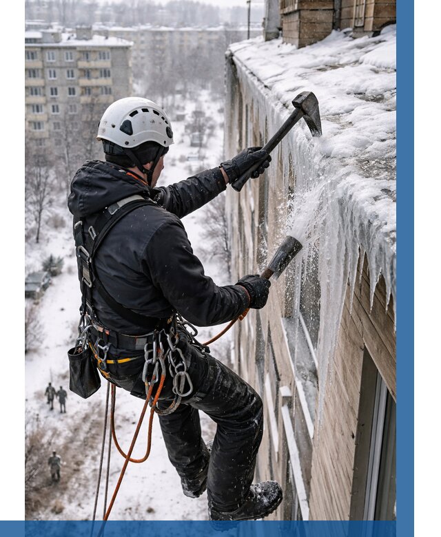 Сбивание сосулек с крыши в Павловском Посаде по цене от 4573 р. | ВЫСОТНИК-Пвл