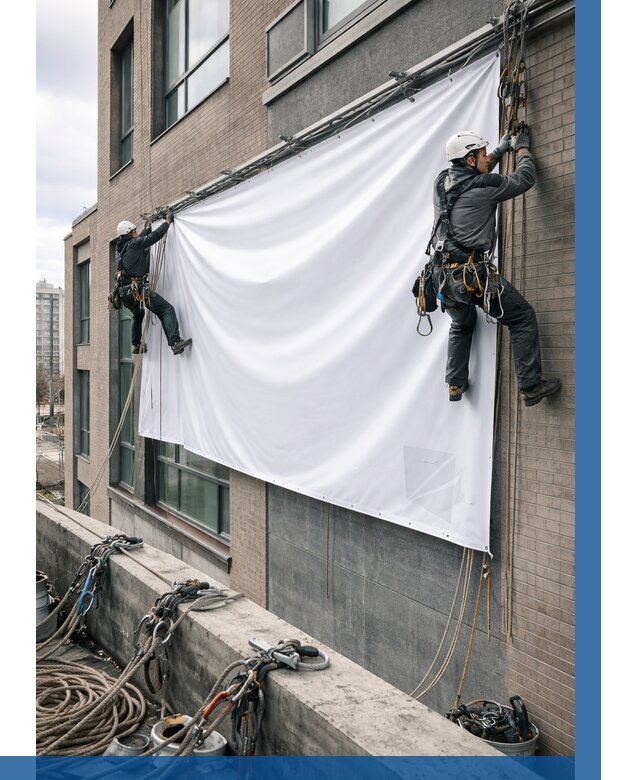 Монтаж баннеров на фасаде в Павловском Посаде от 661 р. заказать ВЫСОТНИК-Пвл