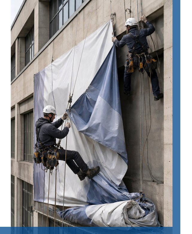 Демонтаж баннеров с фасада в Павловском Посаде от 4573 р. | ВЫСОТНИК-Пвл