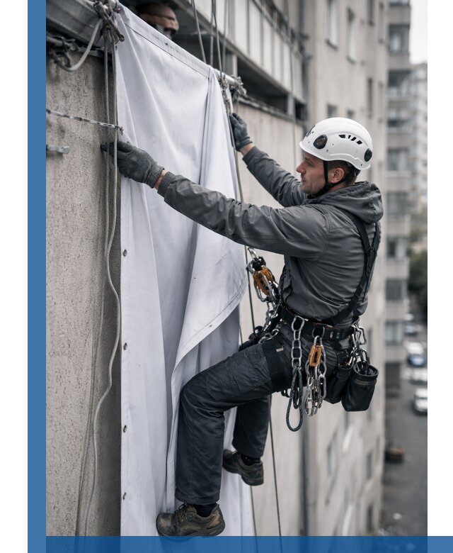 Замена баннерного полотна промышленными альпинистами в Павловском Посаде