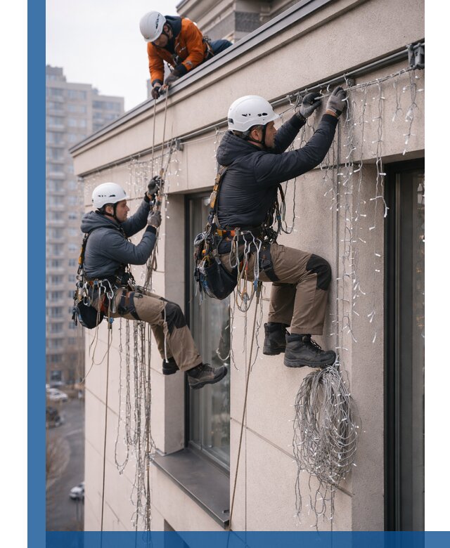 Монтаж праздничных гирлянд на фасаде в Павловском Посаде для зданий