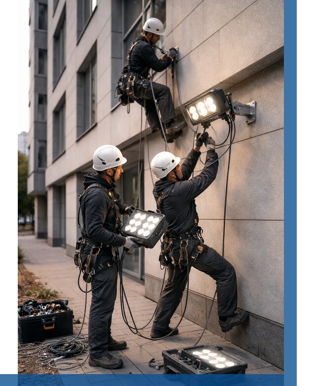 Монтаж прожекторов на фасаде в Павловском Посаде от 7622 р. | ВЫСОТНИК-Пвл