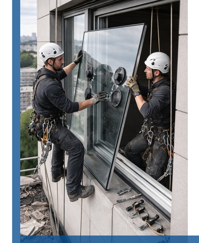 Замена стеклопакетов на высоте с промышленными альпинистами в Павловском Посаде