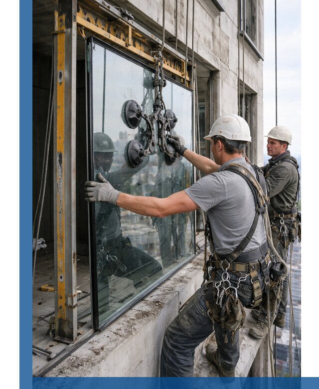 Монтаж стеклопакетов на высоте в Павловском Посаде с промышленным альпинизмом