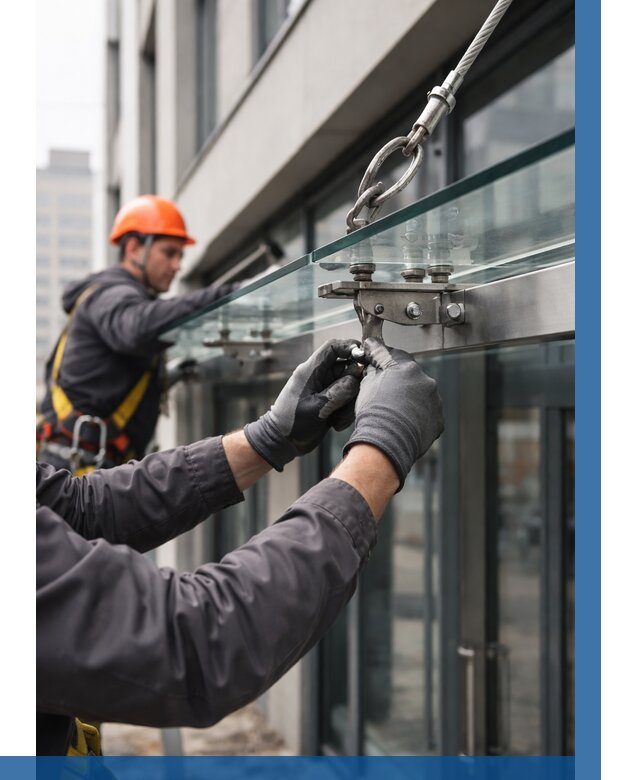 Монтаж стеклянных козырьков в Павловском Посаде от 8638 р. | ВЫСОТНИК-Пвл