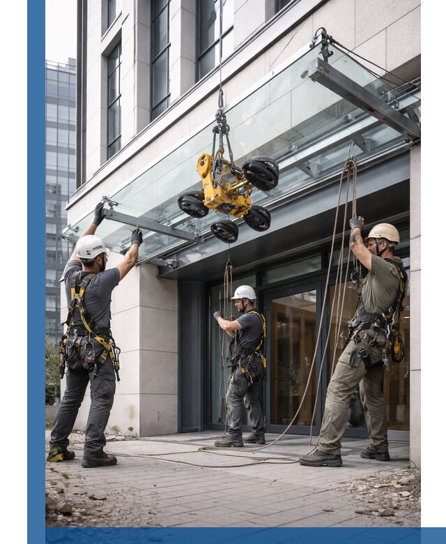 Монтаж стеклянных козырьков под ключ в Павловском Посаде для зданий