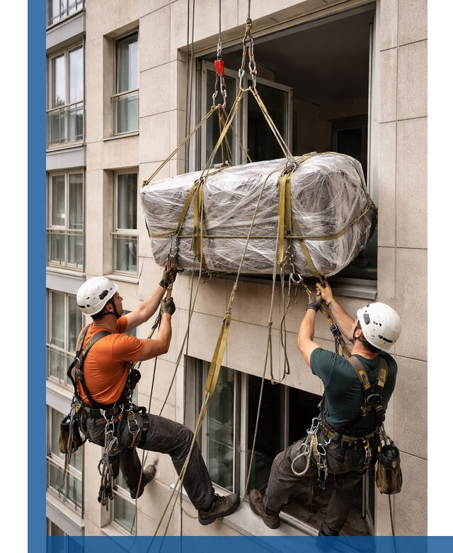 Подъем грузов через окно в Павловском Посаде промышленными альпинистами