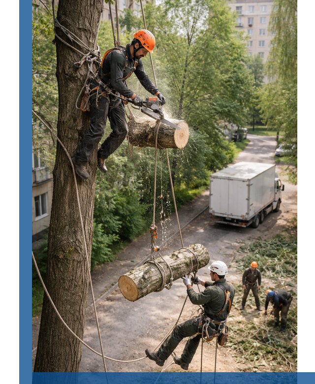 Спил деревьев альпинистами в Павловском Посаде, безопасно и без повреждений